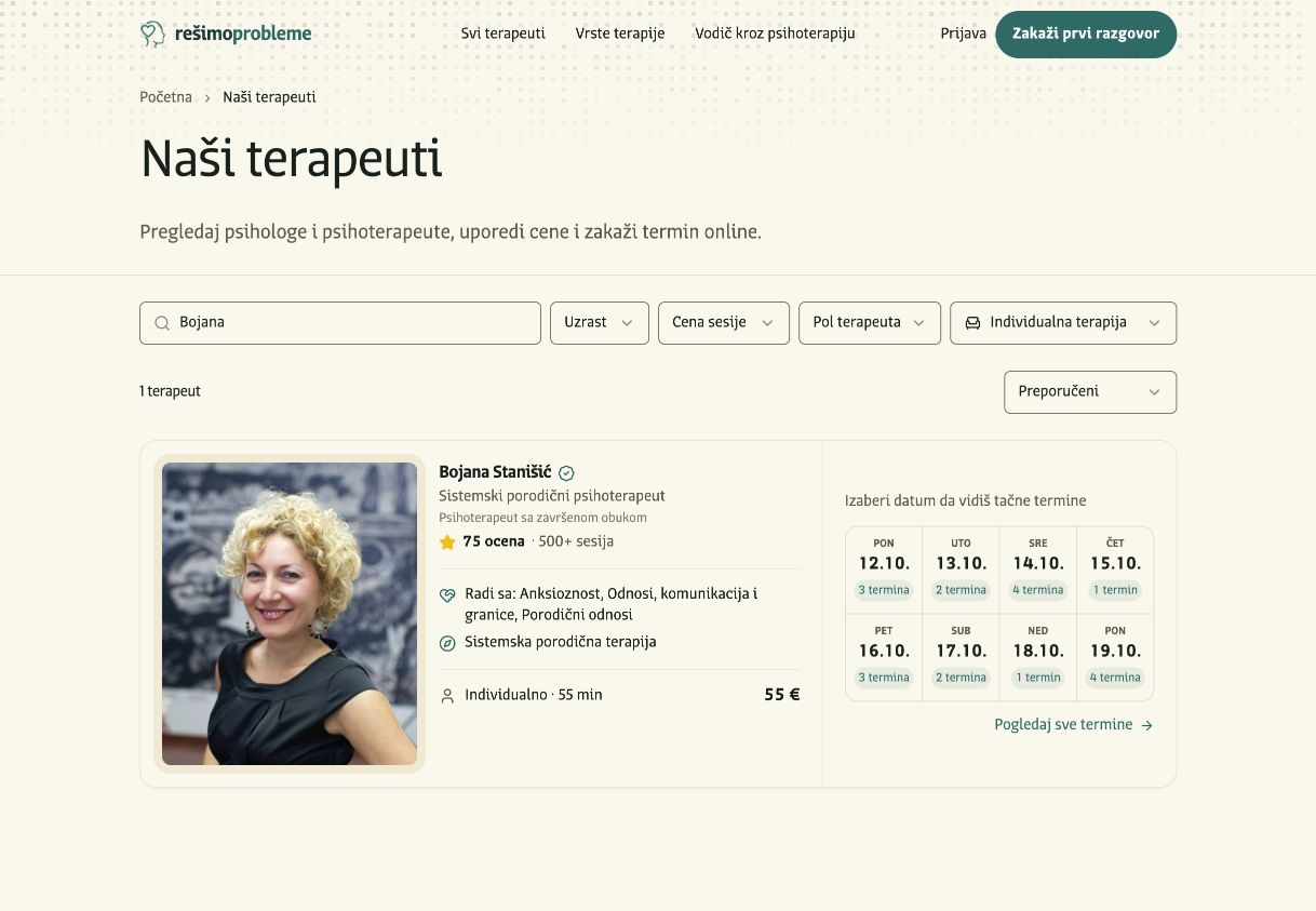 Naši terapeuti: pretraga Bojane Stanišić, filteri i kartica sa terminima.